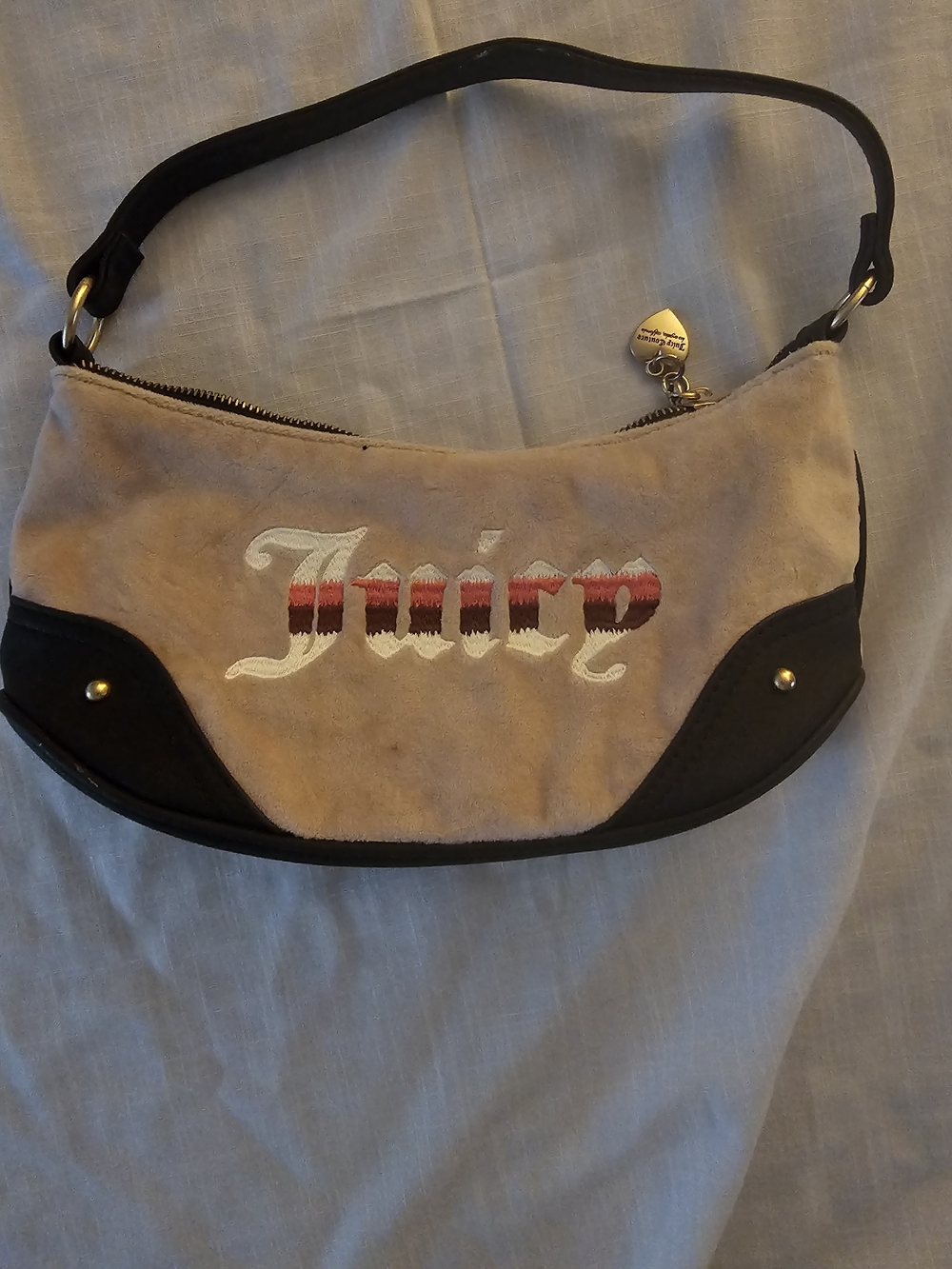 Juicy Couture Beige Suede Shoulder Bag with Black Trim and Red Embroidered Logo
